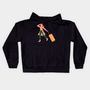 Happy Woman Solo Traveler with Luggage Kids Hoodie